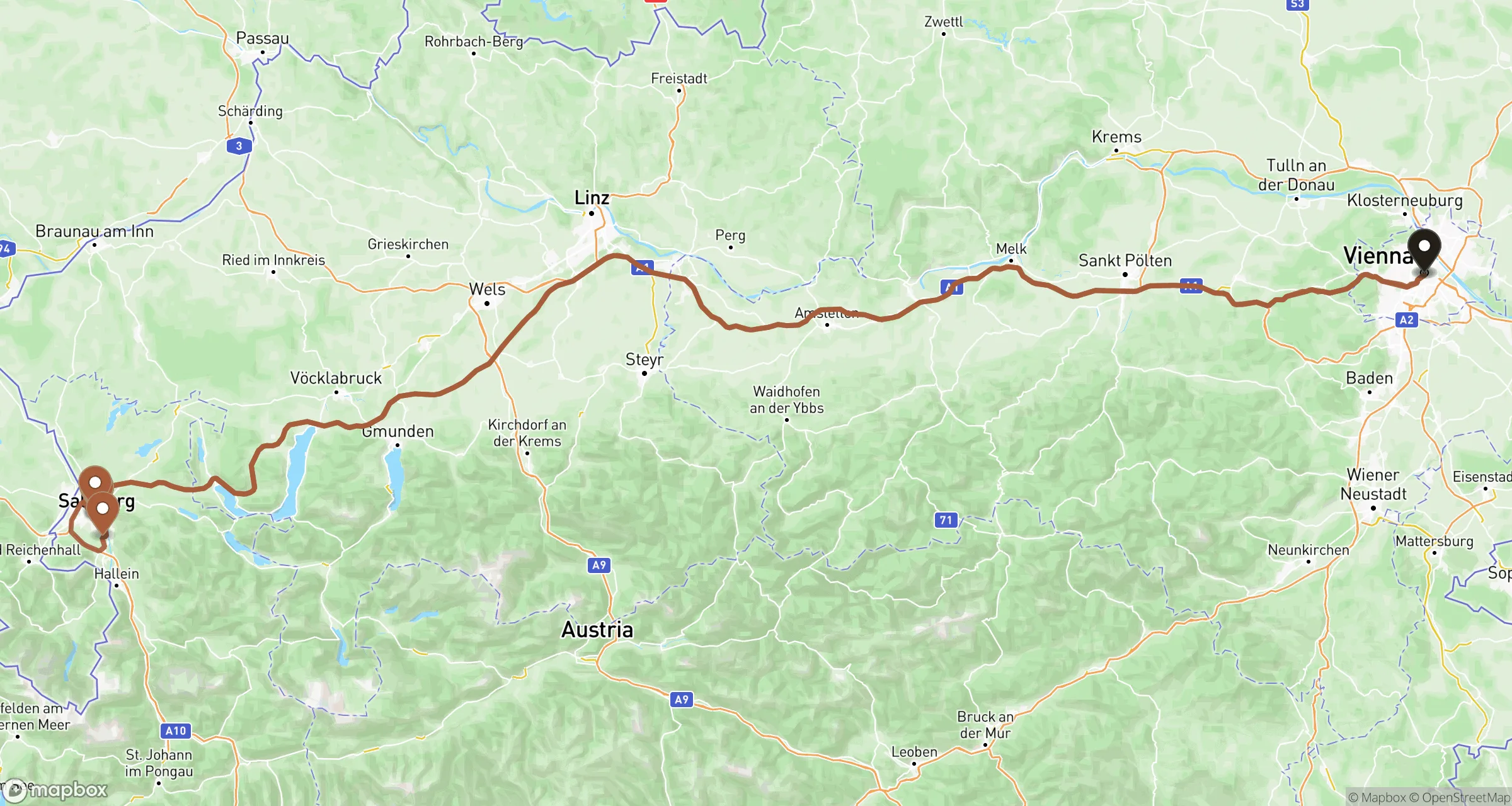 Illustrative road route from Vienna to Salzburg and back for this private ride
