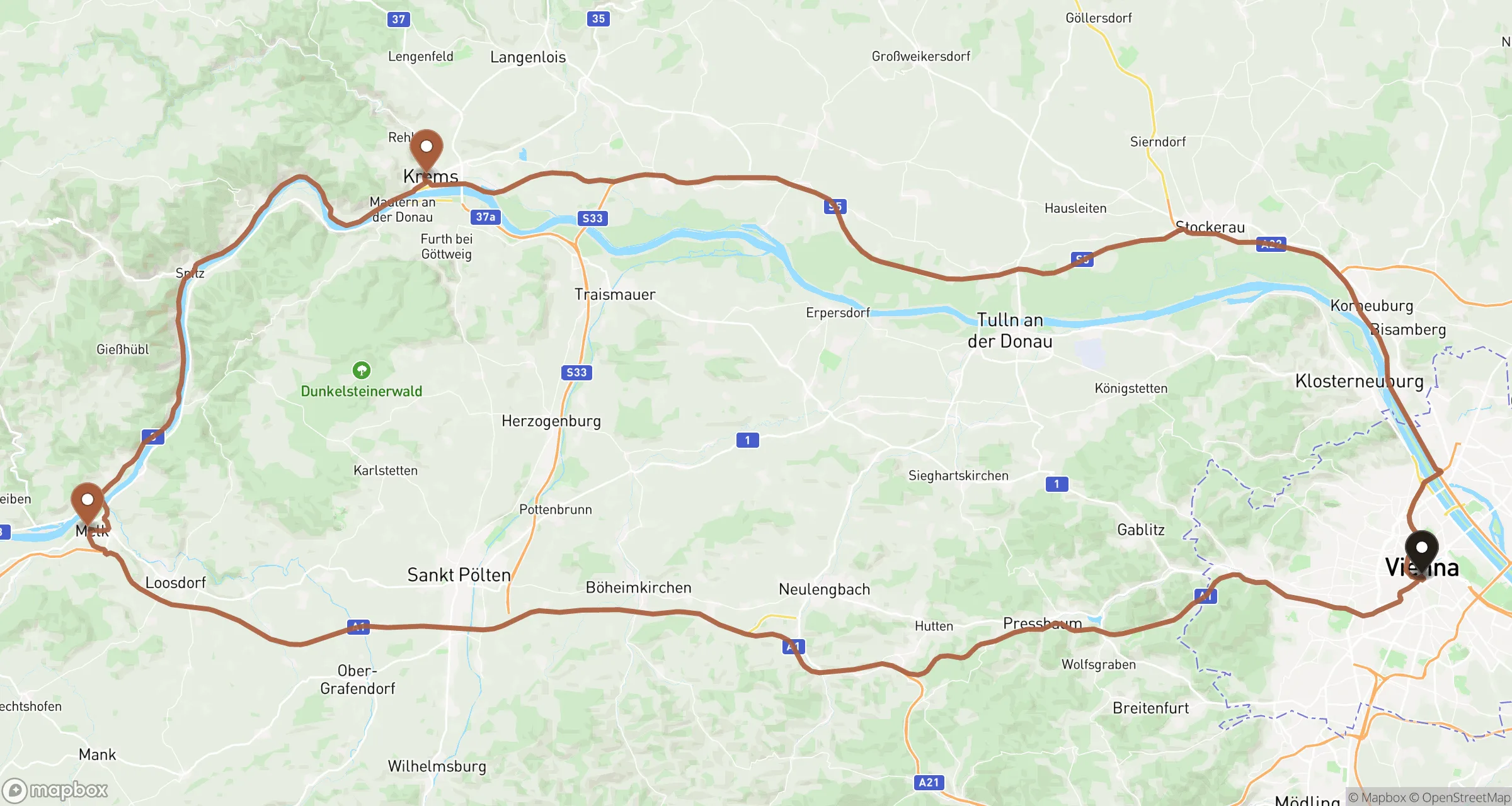 Illustrative road route from Vienna to the Wachau Valley and back for this private ride